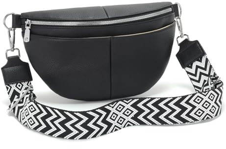 SOGYECS Bauchtasche Damen Schwarz 30CM Umhängetasche Damen mittelgroß Gürteltasche Crossbody Bag Damen Brusttasche Leder XL