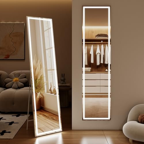 Clevich Ganzkörperspiegel mit Beleuchtung LED Wandspiegel 3 Lichtfarbe Einstellbar Dimmbar Stufenloses Standspiegel mit Memory-Funktion Touch-Schalter Groß 150 x 40CM mit 10-facher Lupe