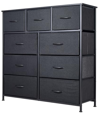Panana Fabric Chest of Drawer, Tall Dresser Storage Drawer with 9 Drawers Bins for Closet - Steel Frame, Wood Top Organizer for Bedroom, Kids room, Living room, Closet (Black)