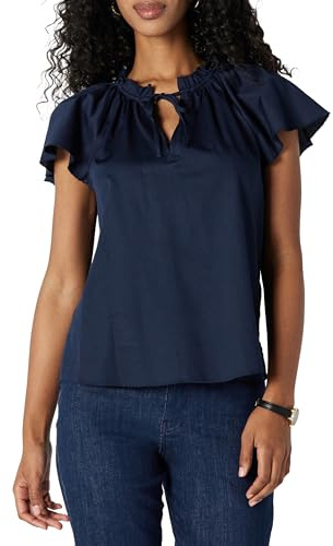 Amazon Essentials Blusa de satén de algodón de Ajuste Holgado con Mangas voladas para Mujer, Color Azul Marino, Talla L