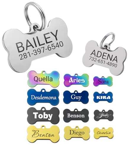 Stainless Steel Personalized Dog ID Ttag,Custom Laser Engraving of up to 6 Lines of Text or QR-Code,Classic Style Dog Tags and Cat Tags,Pet Gift,5 Shapes,2 Sizes (Bone)