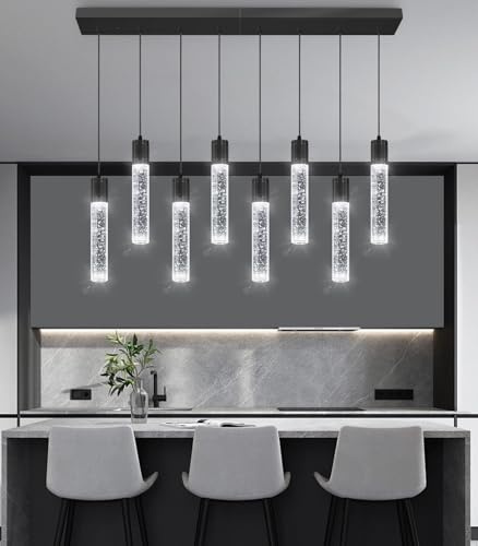 dolria 8-Lights Modern Crystal Chandeliers for Kitchen Island Pendants Lighting Fixture for Dining Room LED Ceiling Light for Hallway Foyer 6000K Black