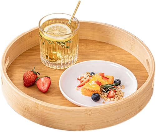 Bambus-Serviertablett, Rundes Tablett Holz mit Griffen und erhöhter Rand, Servierplatte für Lebensmittel Kaffee Wein Kaffee Tee Obst Mahlzeiten (30 x 30 x 5 cm)