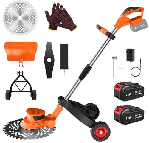 Desbrozadora Bateria 21V, Desbrozadora Electrica con 2 x 3.0Ah Baterías y 2 Cuchillas, Motor sin Escobillas, Ruedas Desmontables, Varilla Telescópica, Pantalla LED, para Recortar Césped y Arbustos