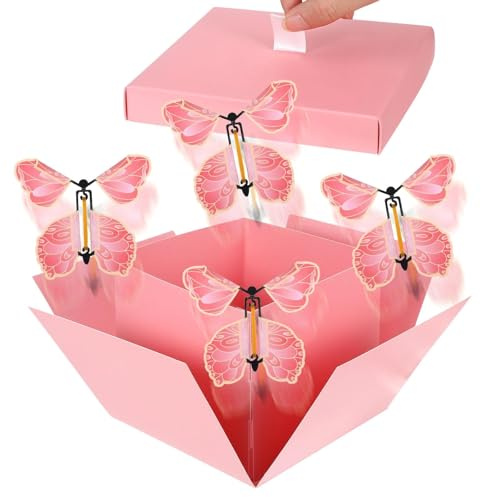 Boîte à surprise rose, boîte à explosion, boîte à surprise papillons volants, boîte cadeau de 15 x 14,8 x 12,5 cm, convient pour Noël, la Saint-Valentin, la fête des mères et autres fêtes