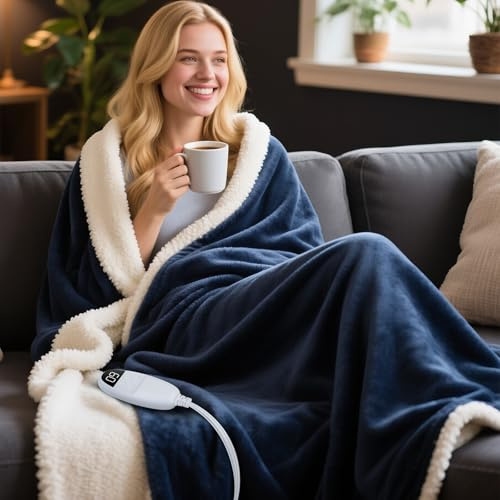 Coperta Termica 130x160cm Coperta Elettrica con Spegnimento Automatico, 9 Livelli di Riscaldamento e 10 Timer, Flanella Coperta Riscaldante Elettrica per Casa & Uffici, Lavabile in Lavatrice