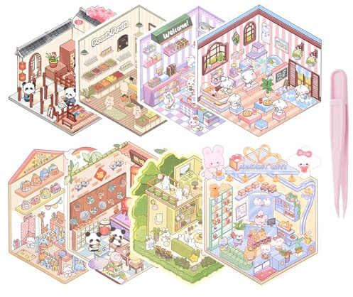 50 Sets Scènes 3D DIY Maison Miniature, Autocollant Scene, Livre de Collection avec 50 Autocollants PET, 50 Maisons Miniatures et 1 Pincette, Kit Créatif Anti-Stress Cadeau pour Adulte Adolescent