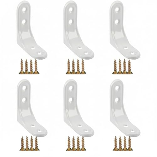 White Steel Floating Shelf Brackets, 2x2 Inch, 6 Pcs | Powder Coated Durable Metal, Safety Smooth Rounded Corners, Mounting Screws Included, Furniture Reinforcement