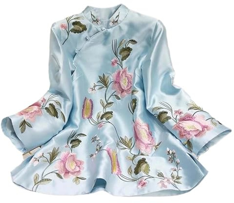 Camicia da donna in stile nazionale, camicetta tradizionale elegante cinese, taglie forti, vestibilità larga, top femminile ispirato all'Hanfu per look culturali, Blu, L