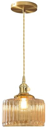 EKSED Lámpara colgante de latón con pantalla de vidrio de rayas verticales, interruptor giratorio y cable trenzado dorado - Accesorio de lámpara colgante de techo (Barra Âmbar)