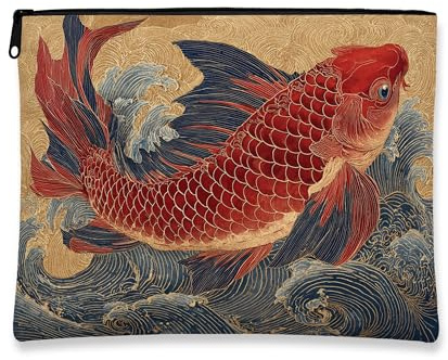 Bolsa de maquillaje de pez carpa, bolsa de viaje tradicional japonesa para mujeres, organizador portátil de lona con cremallera, bolsa de aseo para el cuidado de la piel de verano, Rojo, 7x9 Inch
