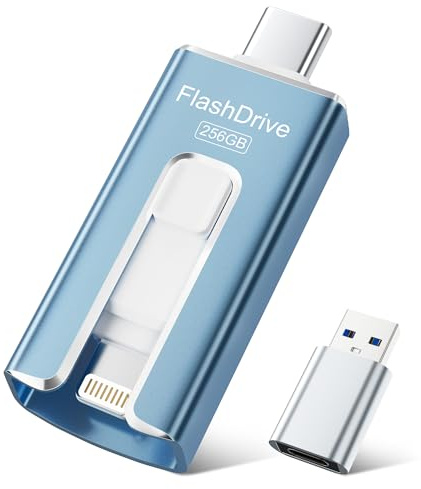 Memoria USB 256GB para iPhone, Memoria Externa iPhone con Certificación MFi, Pendrive lPhone USB-C & Lightning 3-en-1 para lPhone/iPad/Android/PC, Memoria USB 3.0 para Fotos y Vídeos, Azul