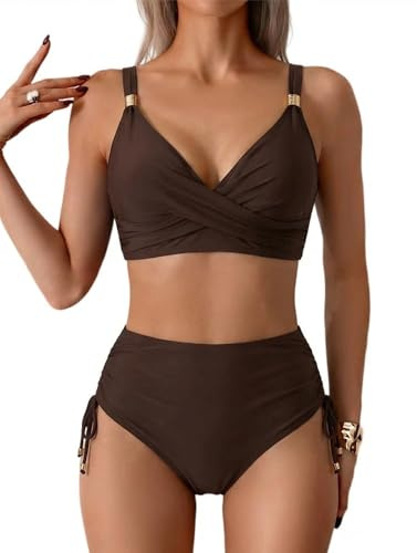 Sangdut Bikiniset för kvinnor, tvådelad V-ringning, dragsko, sidobaddräkt, hög midja, magkontroll, bikini, baddräkt, Kaffebrun, L