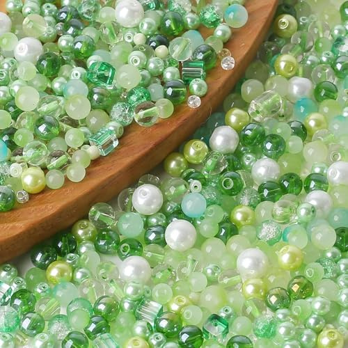 Mailfull Perlas de cristal de 300 g con hilo de perlas, perlas de cristal redondas mixtas para enhebrar para pulseras DIY, collares, pendientes (verde)