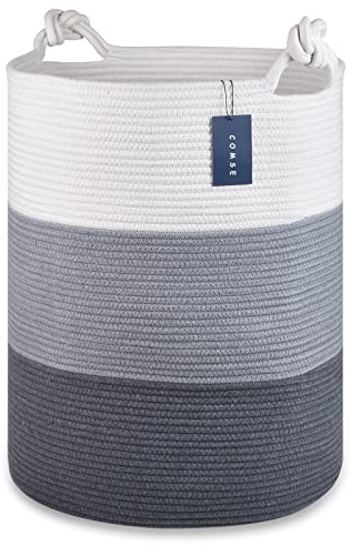 COMSE Extra Large Blanket Basket, Tall Woven Storage Basket, Nursery Hamper, 40 x 55 CM, Cotton Rope Laundry Hamper for Toys Clothes Towels, White/Gray