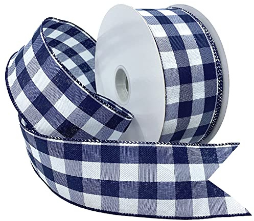 Morex Ribbon Wired Gingham Style Ribbon Navy Blue
