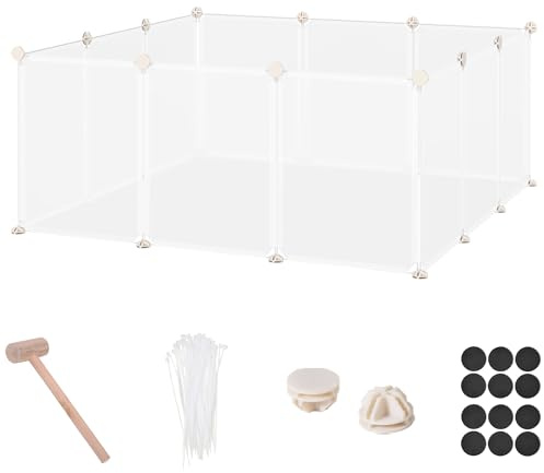 PawHut Valla para Mascotas, Jaula Modular, Recinto Interior de Plástico Transparente con 12 Paneles, 24 Conectores, para Cobayas, 105x105x45 cm, Blanco