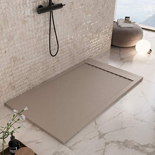 Luminosa ArredoBagno Plato de ducha resina 100 x 70 cm – Efecto piedra antideslizante con gel – Modelo Luxury Moka – Parrilla de color liso y desagüe incluidos