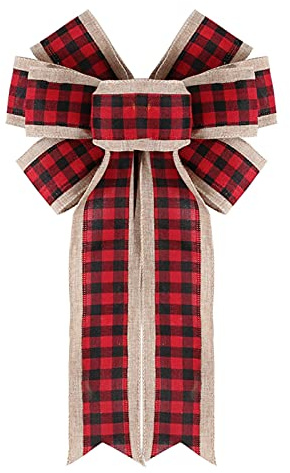 KHBNHJ Lot de 6 grands nœuds de Noël à paillettes pour sapin de Noël - Rouge à carreaux
