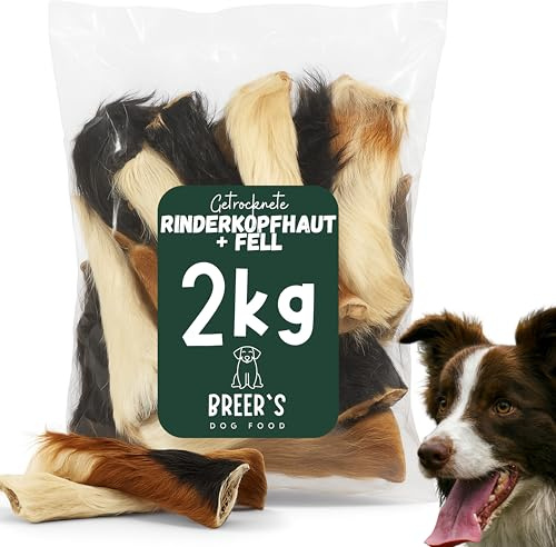 BREERs - Peau de tête de bœuf séchée avec fourrure pour chiens - 2 kg - Sans céréales - Fabrication allemande - Friandises à mâcher pour grands chiens
