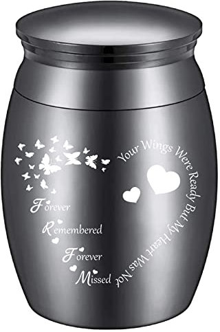 CREATCABIN Petite Urne Souvenir Mini Urnes Funéraires Porte-Cendres Papillon Coeur Miniature Enterrement Conteneur Funéraire Pot Gravure Acier Inoxydable pour Humain Famille Amis Noir 1.57x1.18 Pouce