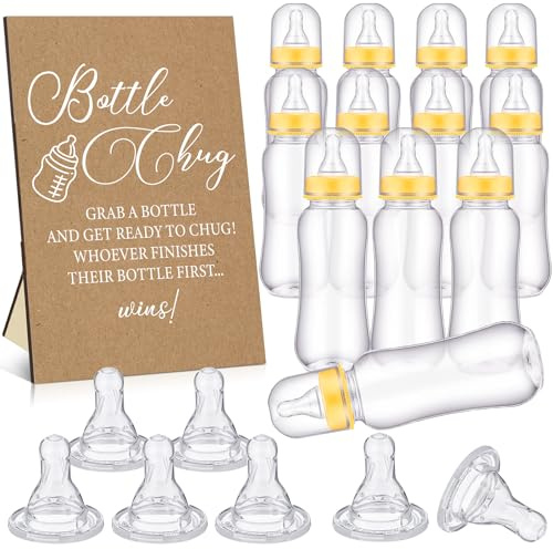 TrelaCo Cool Baby Shower Games Wooden Bottle Chug Sign Rustic Theme Gift Sets and 12 Pcs Baby Bottle Shower Favor for Kraft Games Gender Reveal (Rustic Kraft)