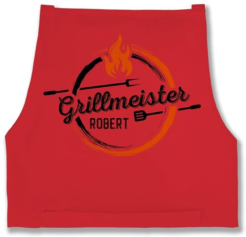 Schürze - Grillschürze Herren - Grillmeister mit Name personalisiert I Geschenk Männer Grillzubehör I Hobbygriller Geschenke Papa I Vatertag - 85x69 - Rot - für grill-schürze personalisierte