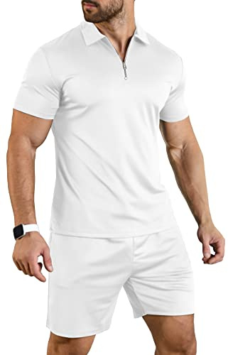 KUYIGO Men's Summer Polo Shirt Shorts 2 Piece Set Casual S-XXL | 95% polyester 5% spandex, durable, zip polo collar, drawstring shorts, golf tennis lounge, gift idea, summer casual