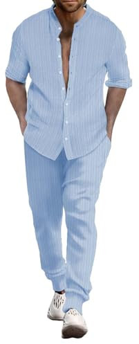 Junger Herrenanzug Slim Fit Herren Sommer Atmungsaktiv Zwei gerollte Ärmel Hemd Hose Set Herren Sportbekleidung Herren Zweiteilige Sportbekleidung, hellblau, XL