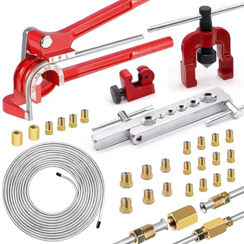 mxuteuk 26Pack 3/16-Zoll-Bremsleitungen-Kit enthält 25-Fuß-Zink-Bremsleitungen und Zubehör (16 Zubehörteile, 2 Anschlüsse+4 Muttern) Bremsleitungenbiegung, Einfachwerkzeug, Schneider