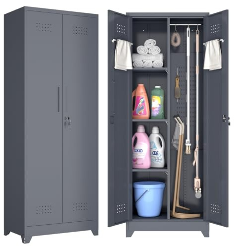 GREATMEET Broom Closet, Broom Closet Storage Cabinet, Metal Storage Cabinet with Doors, Pegboard and Hanging Rod, Cleaning Supplies Closet for Bathroom, 165cm