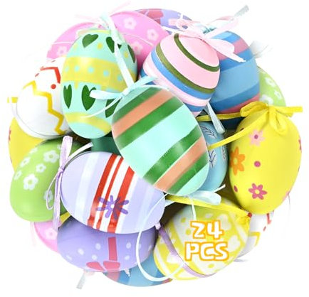 JIAWWAN 24 Pezzi Uova di Pasqua Decorative, Uova Pasquali da Appendere, Uova per Albero di Pasqua, Uova di Pasqua in Plastica Colorate, Decorazioni Uova di Pasqua, Uova Colorate per Decorazione di Pas