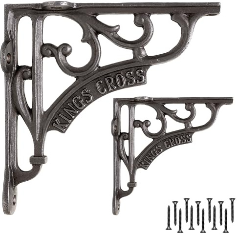 EDUWURXS Kings Cross Cast Iron Shelf Brackets 6x6in Heavy Duty, Pair | Heavy-duty cast iron shelf brackets with an industrial finish for wall-mounted wooden shelving.
