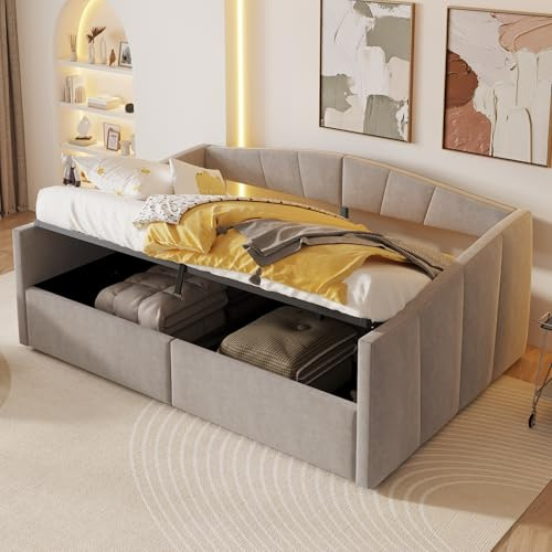 Gxffipw Schlafsofa Tagesbett 140x200 cm mit Hydraulischer Stauraum, Schlafcouch Bettgestell mit Lattenrost und Armlehnen, Sofabett mit Klassisch Gestreift, Samt, Hellgrau, Ohne Matratze