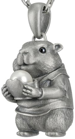 Generiskt hamsterhänge med pärla – lekfullt djur totem-amulett, handgjord sagosmycke i 925 silver, symbol för vård och mild hängivenhet