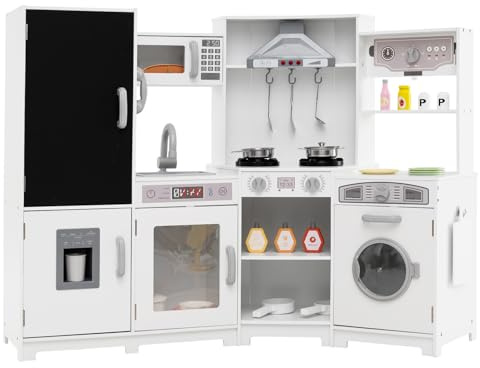 COSTWAY Kids Corner Play Kitchen, Large Pretend Toy Kitchen with Realistic Sounds & Lights, Microwave, Blackboard, Range Hood, Accessories, Children's Chef Role Play Set for Boys Girls (White)