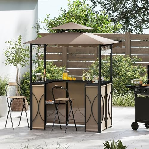 RELAX4LIFE Tenda per Barbecue, con Tavolo da Bar, 2 Sedie Pieghevoli, Tenda Laterale, Scaffali, 4 Portabicchieri e Gancio, Tenda con Tetto Doppio per Terrazza, Patio (Marrone)