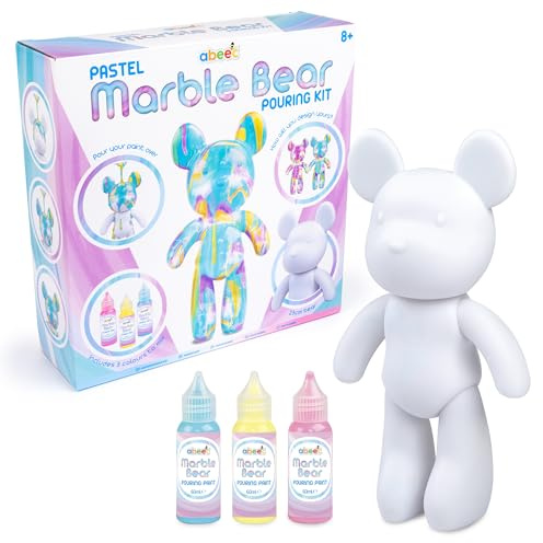 abeec Pastel Marble Bear Pouring Kit | DIY Paint Pouring Craft Set for Kids Age 8+ | Creative Art Project with 23cm Bear, Pastel Paints and Tools | Fun Birthday Gift for Girls and Boys