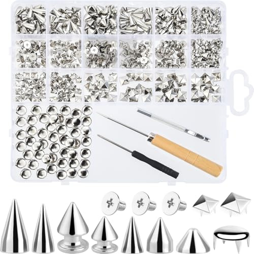 NEBURORA 440Pcs Punk Spikes and Studs Kit for Clothing,Metal Leather Rivets Square Pyramid Dome Rivets DIY Punk Style Clothing Shoes Jacket Collar