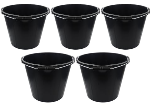 Black Builders Bucket - Sturdy Plastic Buckets with Metal Handles - Black Car Wash Bucket with Spout for Mixing Cement, Cleaning, Car Wash, Gardening, Tools, etc (Pack of 5)