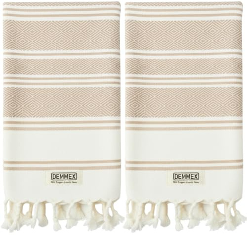 DEMMEX Juego de 2 Toallas de Mano de algodón Turco orgánico Certificado y Oeko-Tex, Secado rápido, absorbentes, para baño, Cocina, Viajes, Tejido de Diamante Suave, prelavadas, 46 x 92 cm (Beige)