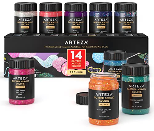 ARTEZA Glitter Acrylic Paint, 14 Iridescent Colors, 2 fl oz Bottles, Transparent Base, Iridescent Paint with Chunky Glitter, Art Supplies for Adding Accents to Canvas, Paper, Wood, and Glass