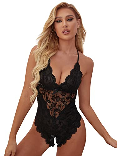 SOLY HUX Women's Floral Lace Scalloped Trim Criss Cross Back Lingerie Teddy Bodysuit Black L