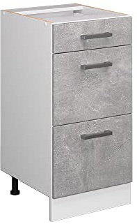 Vicco Mobiletto base per cucina R-Line, Calcestruzzo, 40 cm con cassetti, senza piano di lavoro, per la libera combinazione all'interno di sistemi cucina modulari