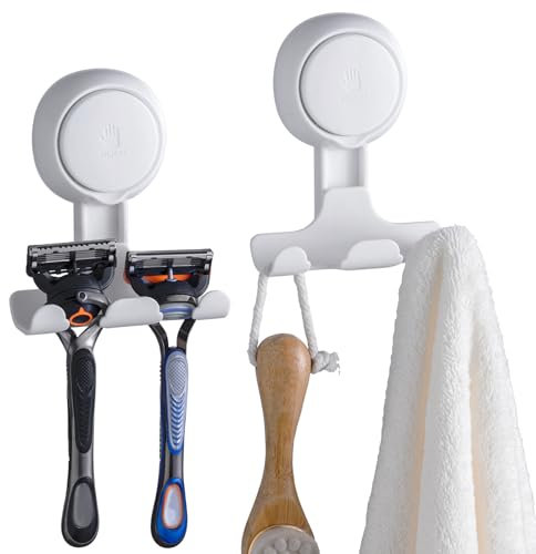 TAILI Razor Holder for Shower with Suction Cup,Vacuum Shower Hooks Reusable Bathroom Suction Razor Holder Bathroom Wall Hooks for Towels Robes Multipurpose Hanging 2 Packs, White