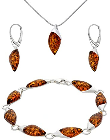 AMBEDORA Stort damset, louise, sterlingsilver 925 finish glans, konjakfärgad baltisk bärnsten, armband, hänge med kedja och örhängen, Sterlingsilver, Bärnsten