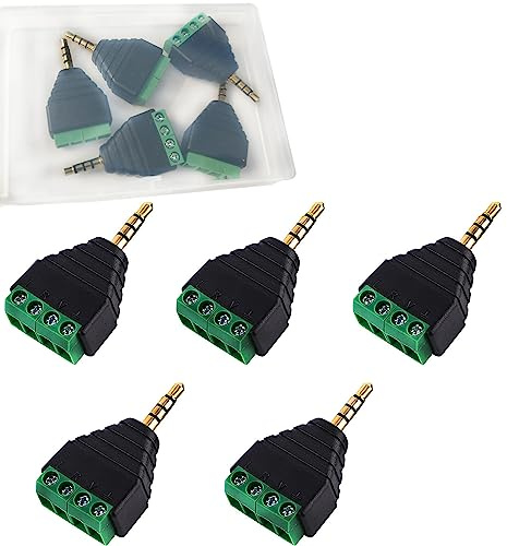RUNCCI-YUN 5 stycken 3,5 mm stereo lödfri ljudkontakt, terminalblock 3,5 mm jack 4-polig, 1/8 tum TRRS 3,5 mm telekontakt adapter skruvanslutning AV 4 hörlurar balun lödfri