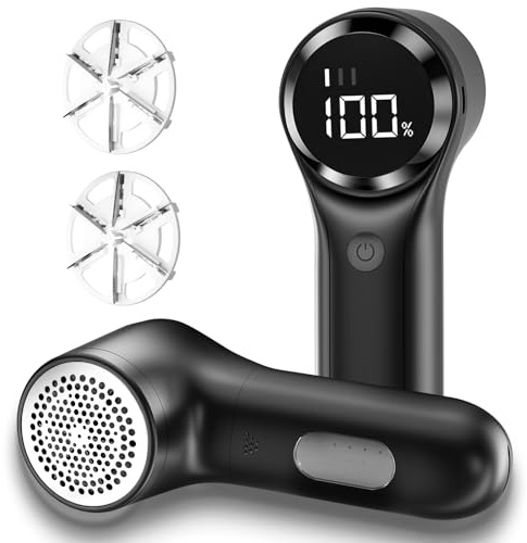 buywoo Rasoio elettrico per tessuti, levapelucchi ricaricabile, per rimuovere pelucchi, funzionamento a batteria, 6 lame, 3 velocità, con display a LED per vestiti, tappezzeria, mobili, nero