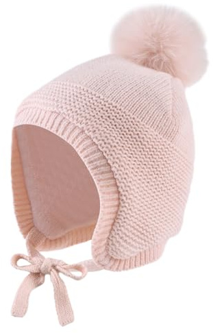 JANGANNSA Basic Winter Baby Boys Beanie Pompom Knitted Girls Hat Kids Earflap Beanies Warm Infant Toddler Hats (2-5 Years, Pink Hat)