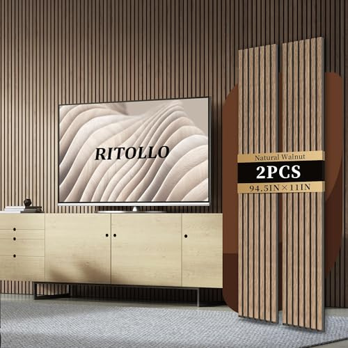 RITOLLO Wood Slat Panels for Wall 2-Piece 94.5×11 Acoustic Panels for Interior Wall Decor 3D Fluted Sound Absorbing Panel - Natural Walnut